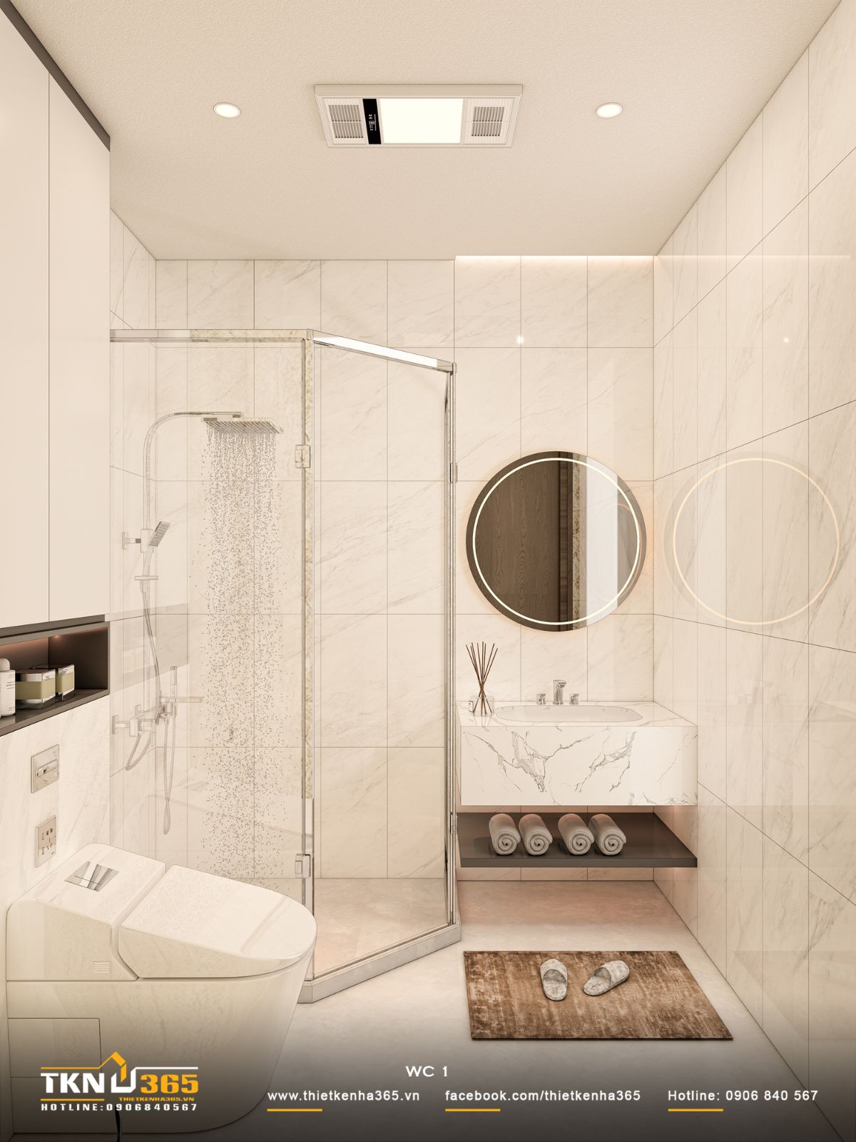 T’S House - Thiết kế nhà phố 3 tầng hiện đại, mạch lạc trong hình khối, ấm áp trong trải nghiệm 42 Không gian WC sử dụng bảng màu sáng kết hợp vách kính, giúp tổng thể luôn sạch sẽ và thông thoáng