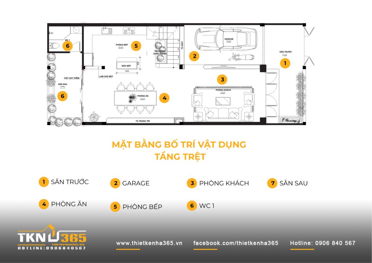 T’S House - Thiết kế nhà phố 3 tầng hiện đại, mạch lạc trong hình khối, ấm áp trong trải nghiệm 5 Mặt bằng tầng trệt nhà phố 3 tầng T’S House tổ chức không gian liên thông từ garage, phòng khách đến bếp - ăn, giúp mở rộng tầm nhìn và tăng tính kết nối trong sinh hoạt hàng ngày