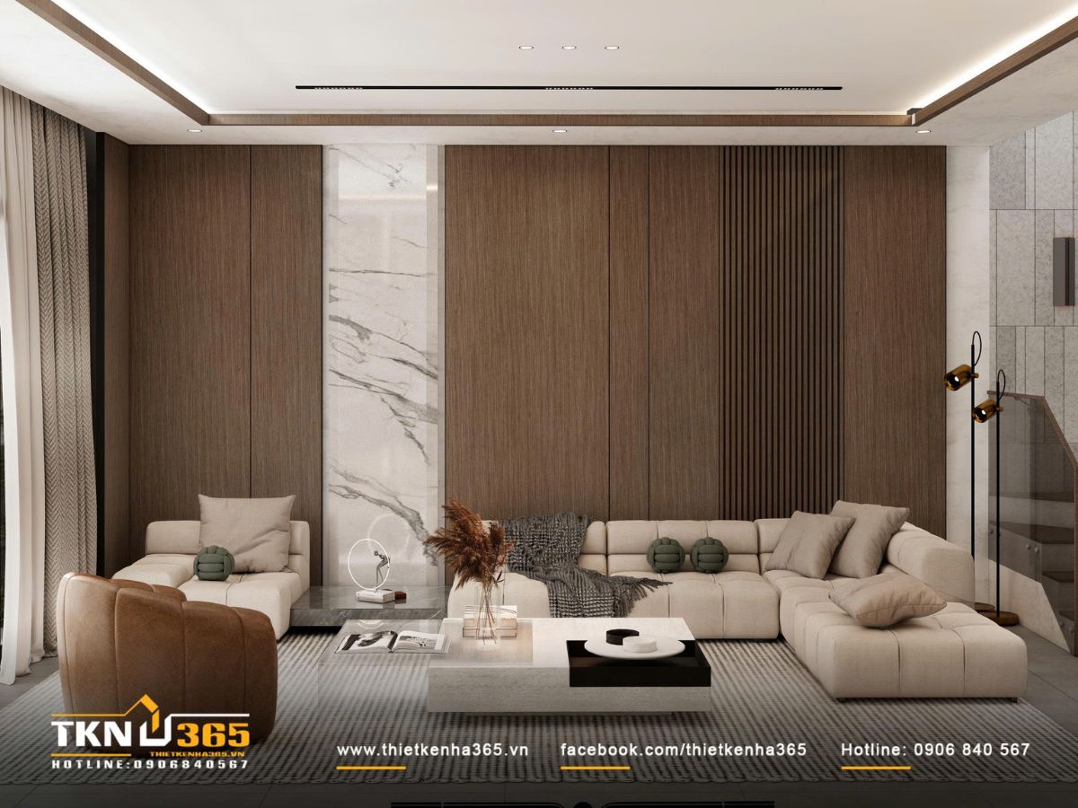 30+ Mẫu Nhà Phố 3 Tầng 5x20m Đẹp + Bản Vẽ & Chi Phí Xây Dựng Chi Tiết 2026 27 Tùy vào nhu cầu sử dụng, gia chủ có thể bố trí phòng khách tầng 1 hoặc tầng 2, đảm bảo không gian sinh hoạt riêng tư cho gia đình
