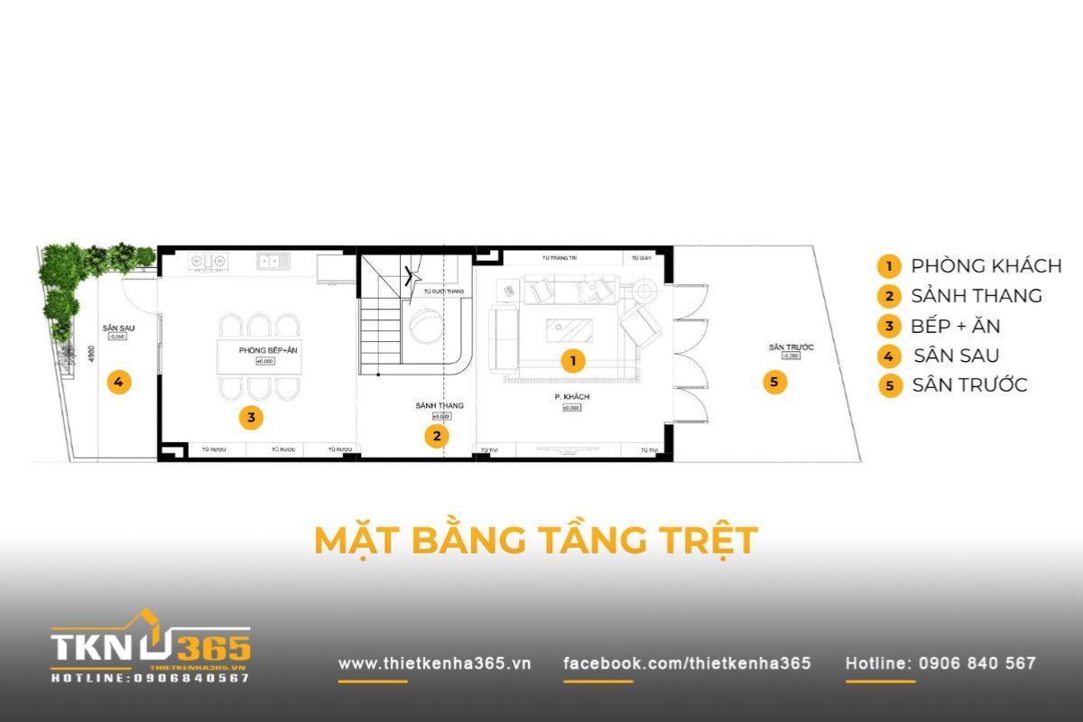 30+ Mẫu Nhà Phố 3 Tầng 5x20m Đẹp + Bản Vẽ & Chi Phí Xây Dựng Chi Tiết 2026 7 Bản vẽ nhà 5x20m 3 tầng với mặt bằng tầng 1 bố trí không gian sinh hoạt chung rộng thoáng