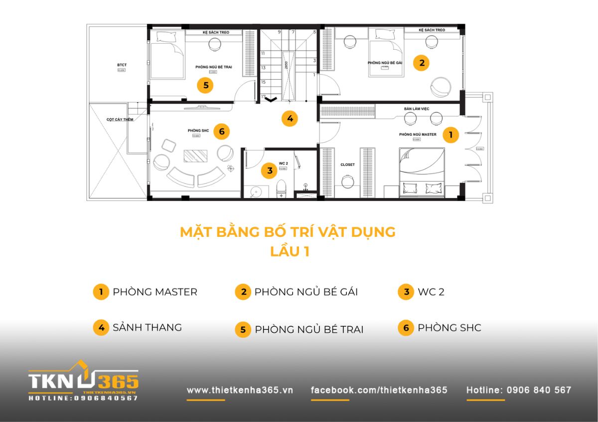 T’S House - Thiết kế nhà phố 3 tầng hiện đại, mạch lạc trong hình khối, ấm áp trong trải nghiệm 6 Mặt bằng lầu 1 phân chia rõ ràng giữa các phòng ngủ và khu sinh hoạt chung, đảm bảo sự riêng tư nhưng vẫn duy trì điểm kết nối cho các thành viên trong gia đình