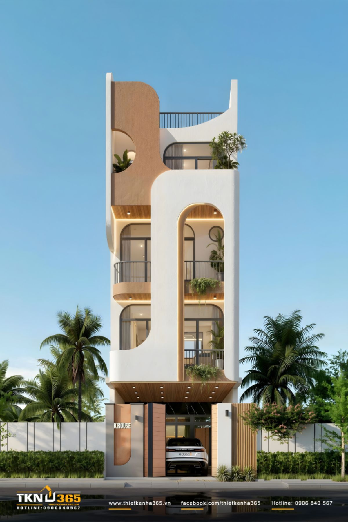 Tổng thể mặt tiền nhà phố 4 tầng K’S House với hình khối bo cong mềm mại và ngôn ngữ kiến trúc hiện đại