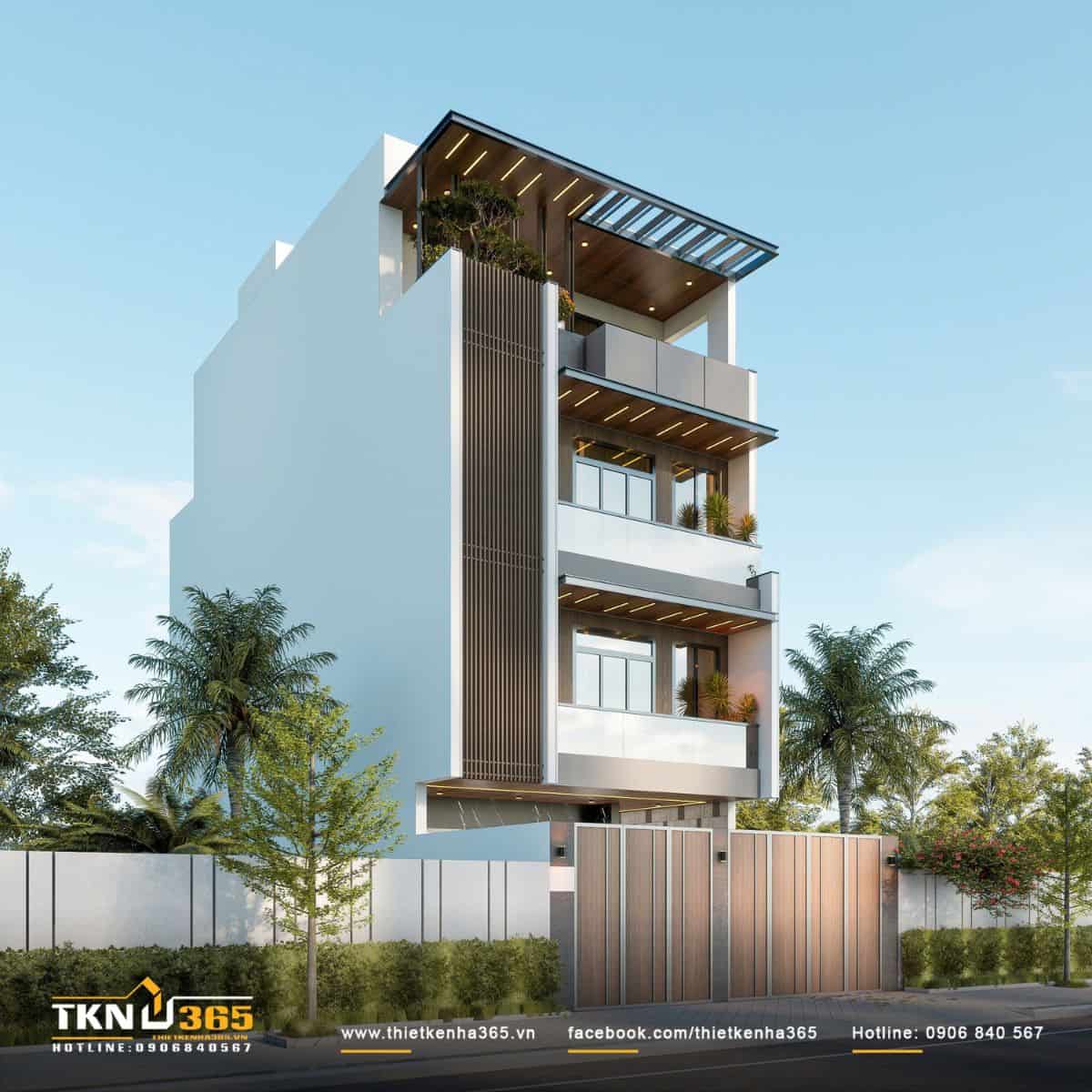 Nhà phố 4 tầng tổ chức hình khối mạch lạc, kết hợp mái đua và lam che nắng hiệu quả