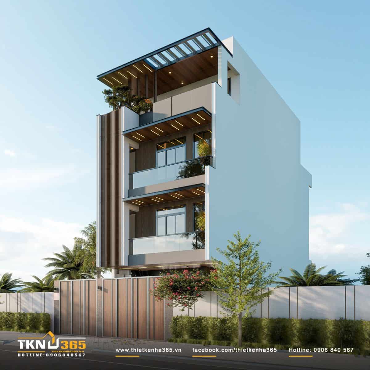 Tổng thể nhà phố 4 tầng 7x13m với mảng tường sáng và vật liệu vân gỗ tạo cảm giác hiện đại, ấm áp