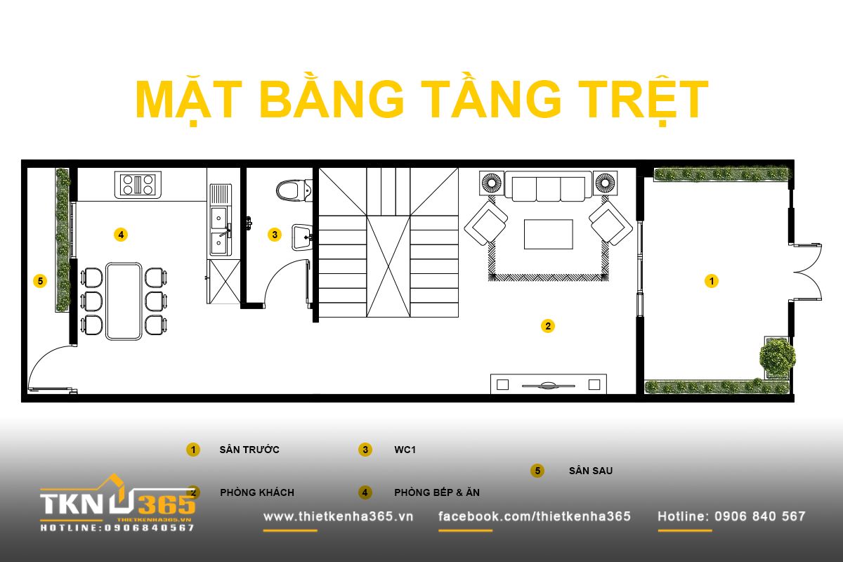 Mặt bằng tầng trệt nhà phố 4 tầng với sân trước và sân sau đóng vai trò vùng đệm, hỗ trợ lưu thông không khí xuyên suốt không gian
