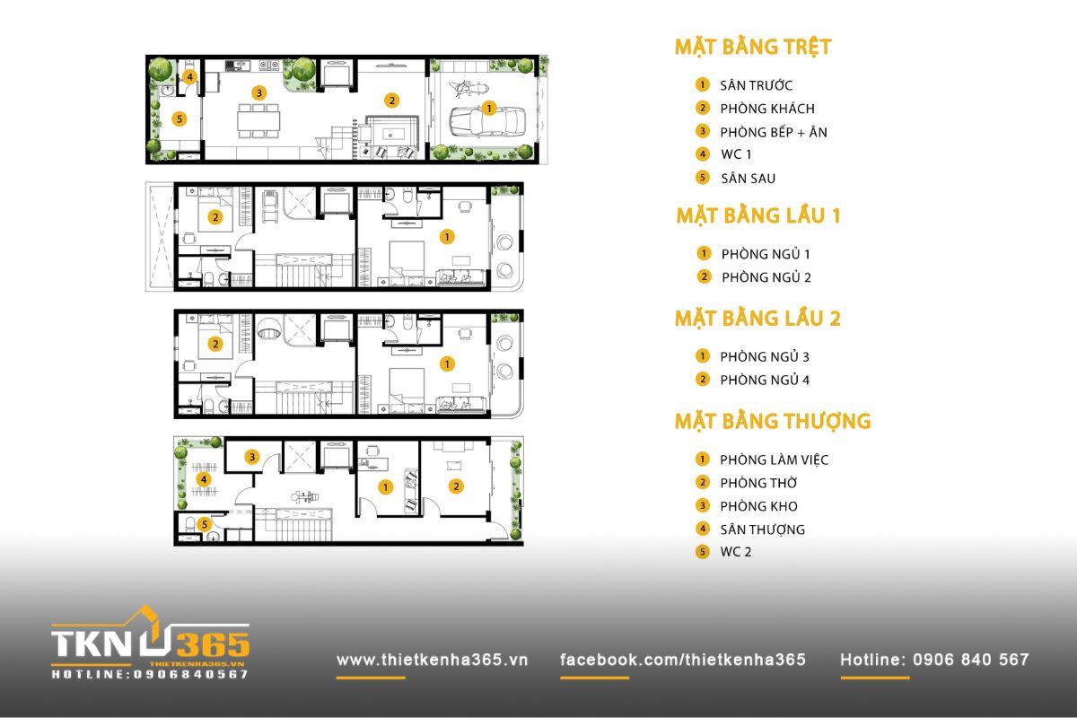 Mặt bằng tổng thể các tầng trong nhà phố 4 tầng 5x20m, thể hiện rõ cấu trúc tổ chức không gian theo trục dọc