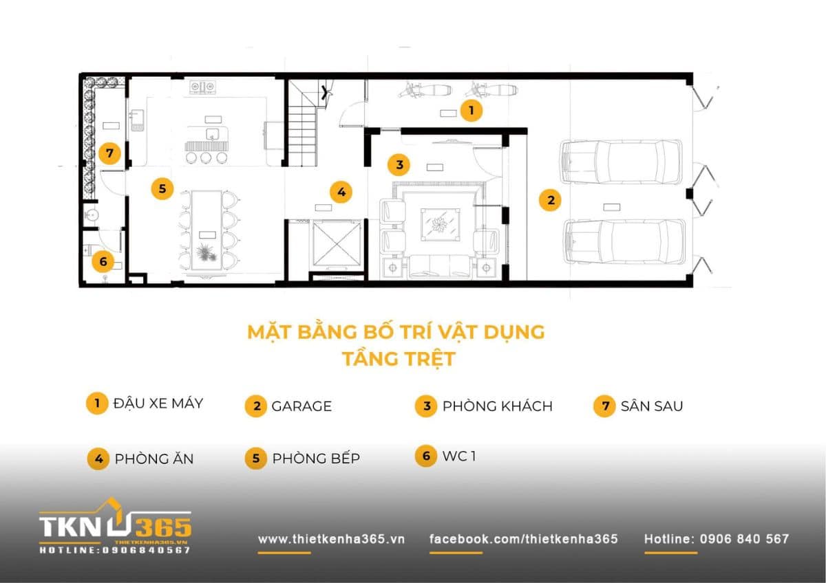 Mặt bằng tầng trệt nhà phố 4 tầng 7x13m bố trí rõ ràng giữa garage, phòng khách và bếp ăn theo trục xuyên suốt