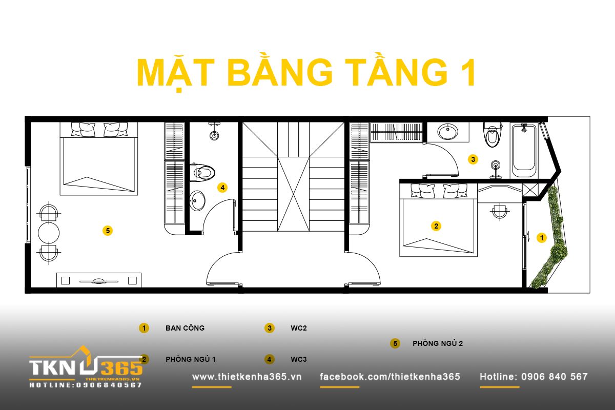 Tầng 1 bố trí phòng ngủ kết hợp ban công đón gió, đảm bảo sự riêng tư nhưng vẫn duy trì thông thoáng tự nhiên