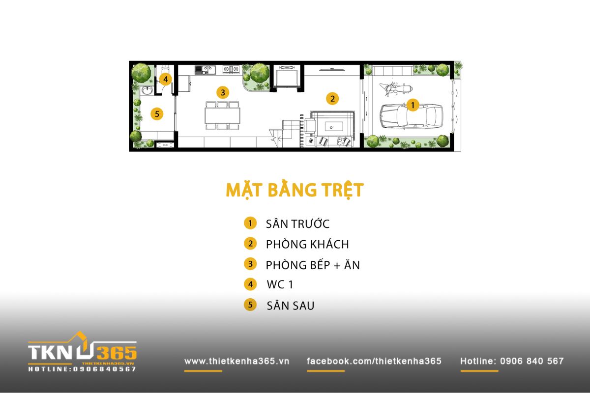 Mặt bằng tầng trệt với sân trước - phòng khách - bếp ăn - sân sau, đảm bảo thông thoáng và kết nối liên tục