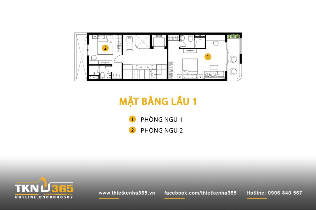 Mặt bằng lầu 1 bố trí hai phòng ngủ trước - sau, cân bằng giữa riêng tư và tiếp cận ánh sáng tự nhiên