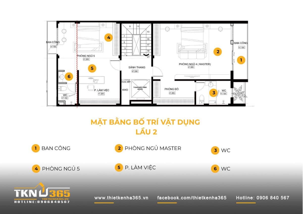 Mặt bằng lầu 2 nhà phố 4 tầng 7x13m tiếp tục phân chia linh hoạt giữa phòng ngủ và khu làm việc