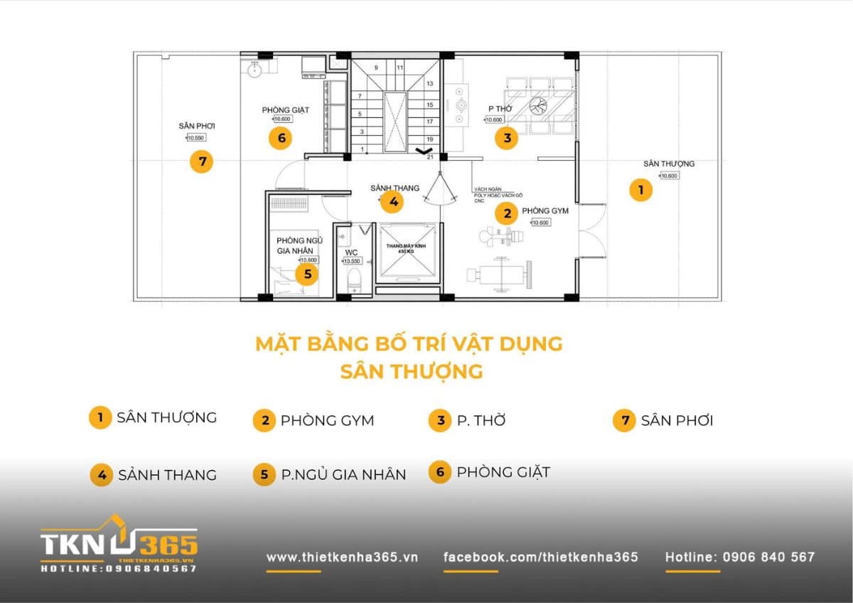 Mặt bằng sân thượng nhà phố 4 tầng khai thác đa chức năng với phòng gym, phòng thờ và khu giặt phơi