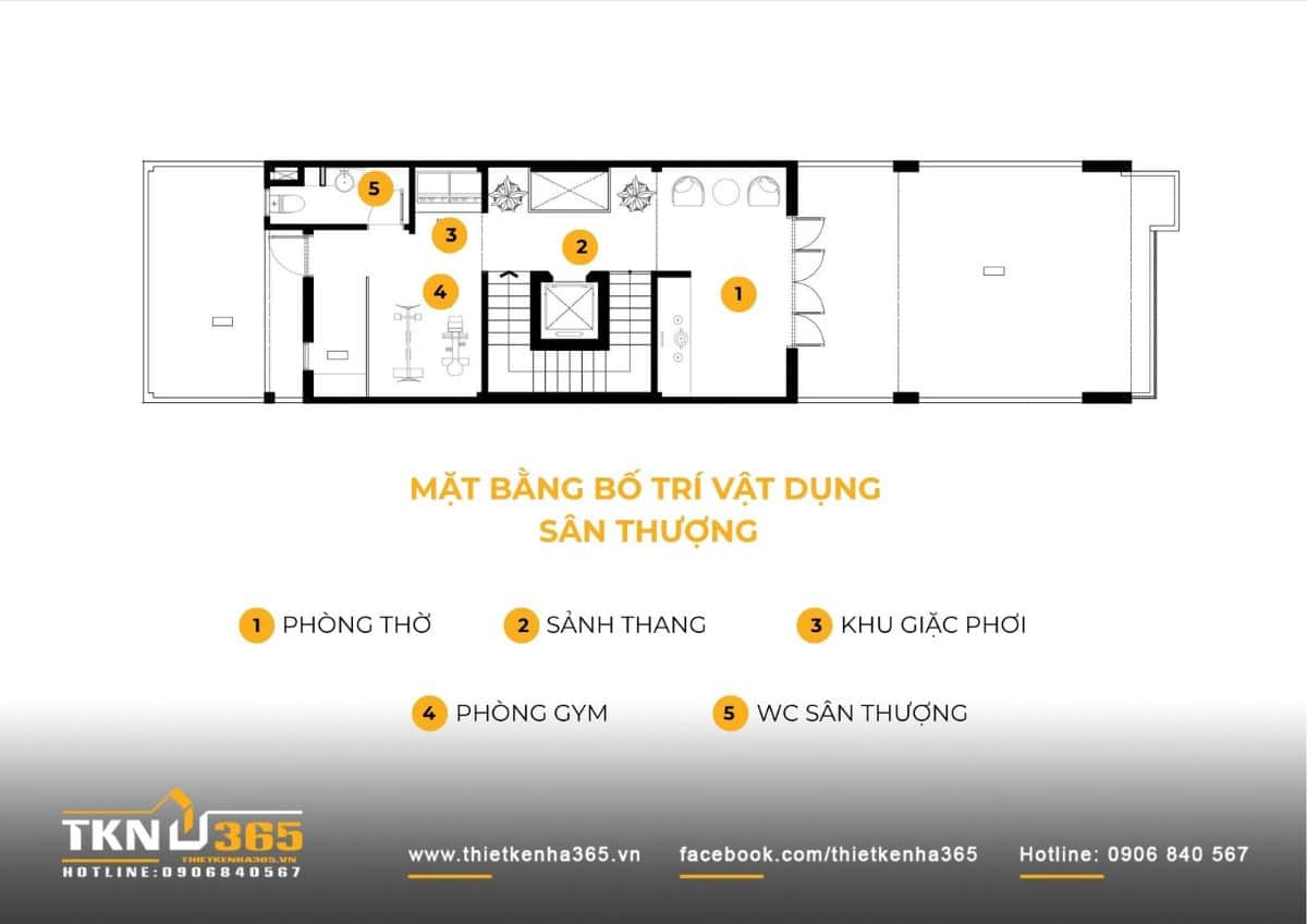 Sân thượng tích hợp phòng thờ, khu giặt phơi và phòng gym, không gian này vừa phục vụ kỹ thuật, vừa đáp ứng nhu cầu thư giãn