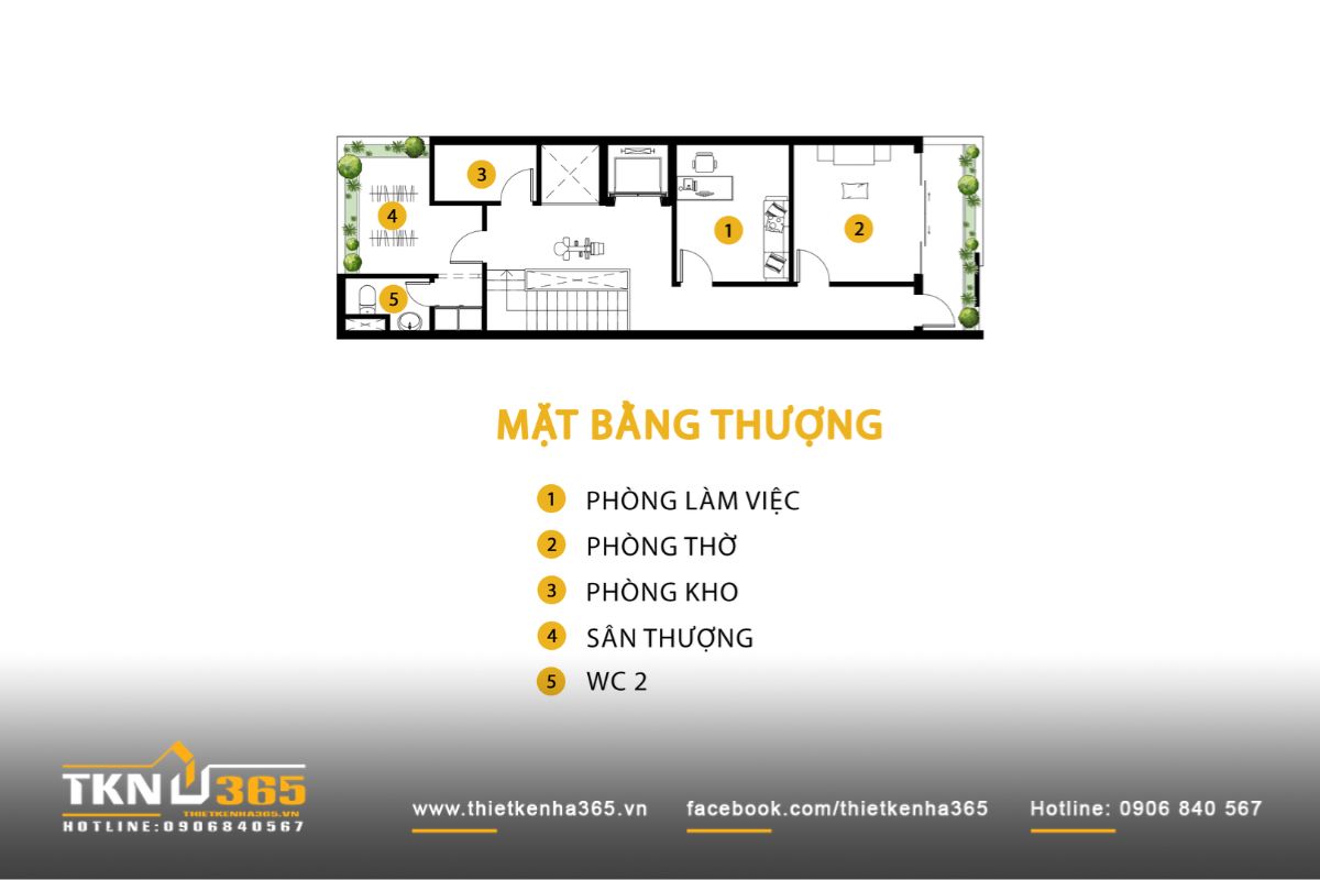 Mặt bằng tầng thượng với các không gian chức năng và sân thượng, tạo khu vực thư giãn tách biệt