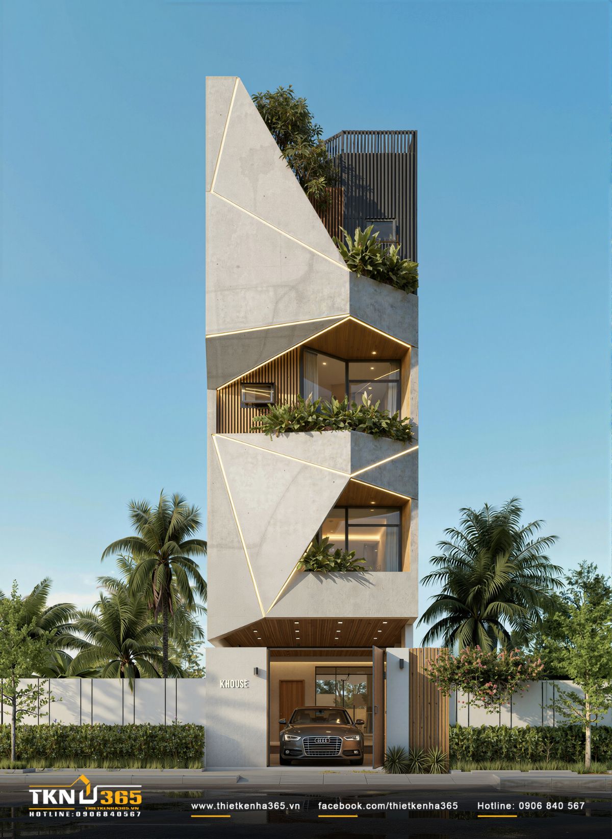 Mặt tiền nhà phố 5 tầng K’S House nổi bật với hình khối gấp nếp và các đường cắt xiên tạo chiều sâu kiến trúc
