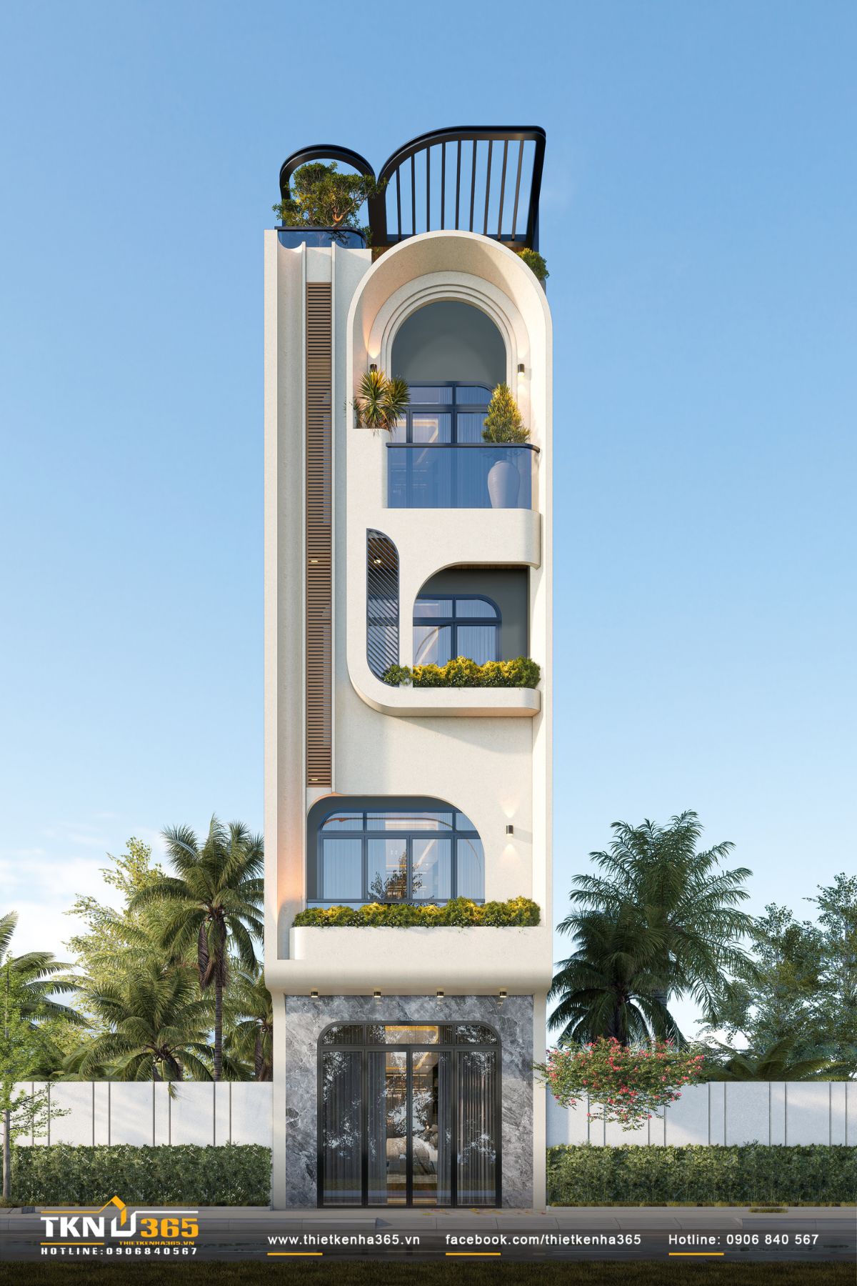 Mặt tiền nhà phố 5 tầng U’S House nổi bật với hệ đường cong lớn, tạo cảm giác mềm mại và có chiều sâu theo từng lớp không gian