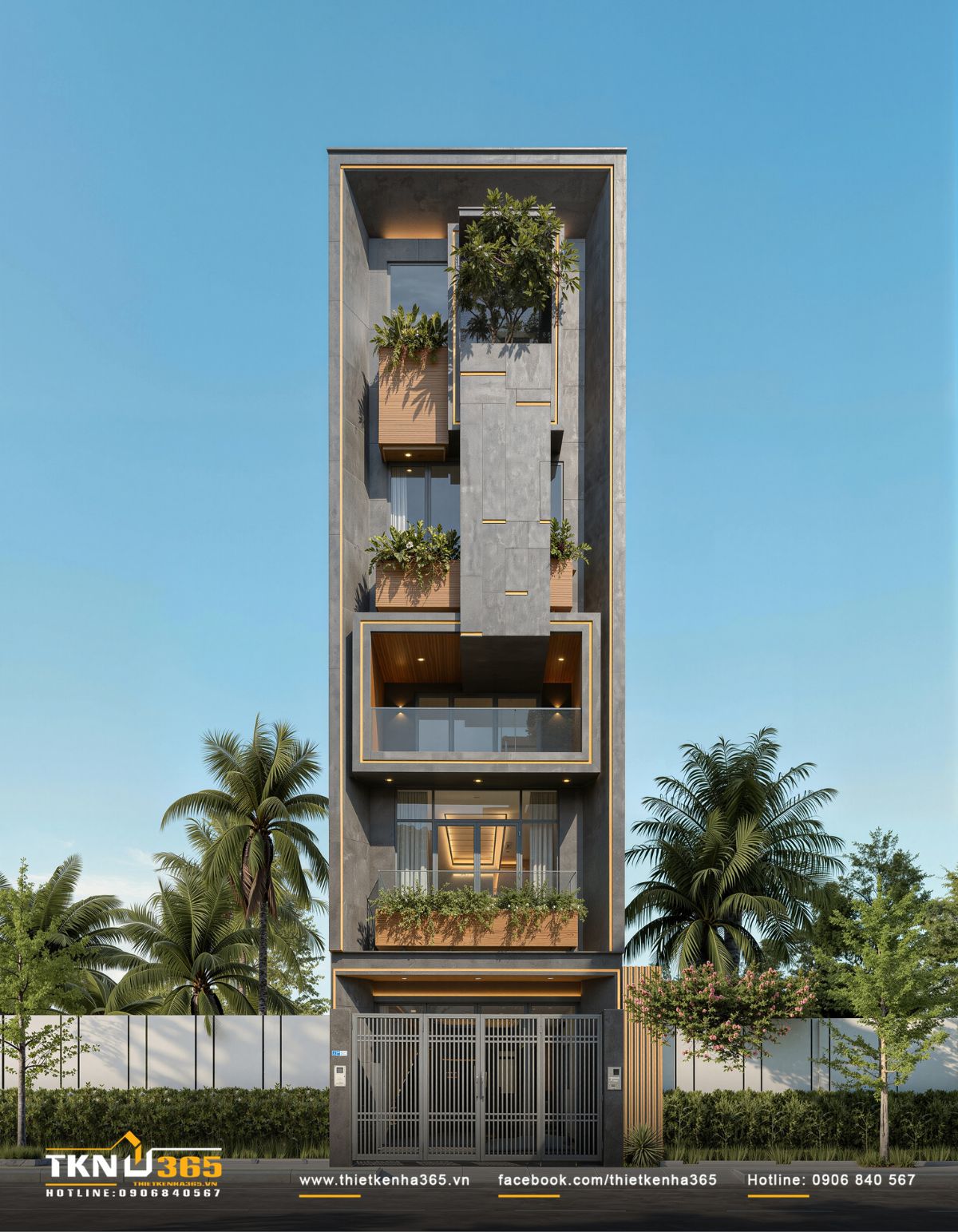 Mặt tiền nhà phố 5 tầng D’S House nổi bật với tông xám trung tính và đường nét dứt khoát, thể hiện rõ cá tính kiến trúc ngay từ cái nhìn đầu tiên