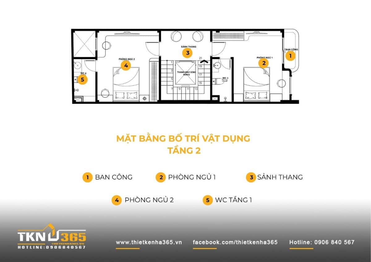 Mặt bằng tầng 2 nhà phố 5 tầng ưu tiên không gian nghỉ ngơi với hai phòng ngủ và ban công lấy sáng phía trước