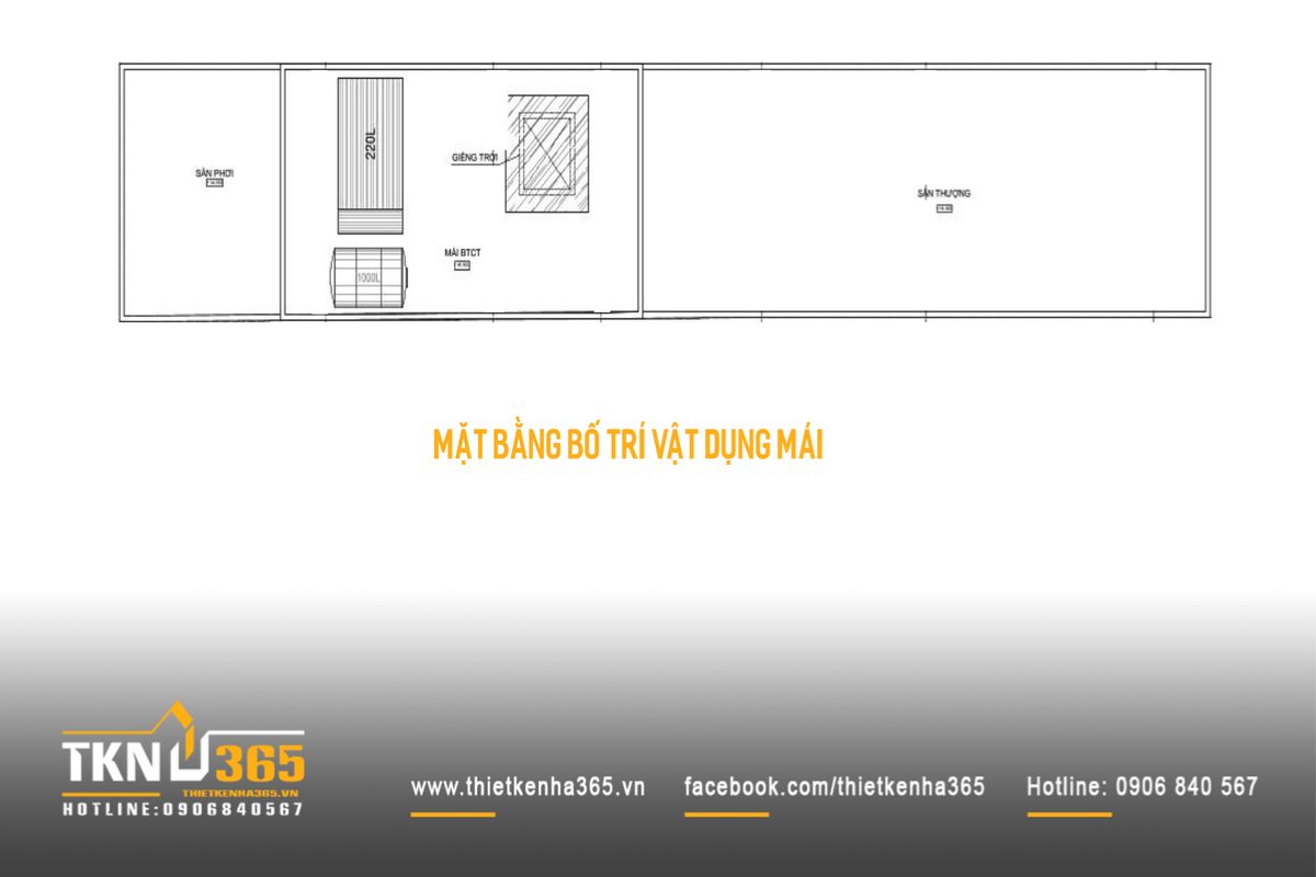 Sơ đồ mái nhà phố 5 tầng thể hiện hệ kỹ thuật và khoảng giếng trời, góp phần hỗ trợ thông gió và điều tiết vi khí hậu cho toàn bộ công trình