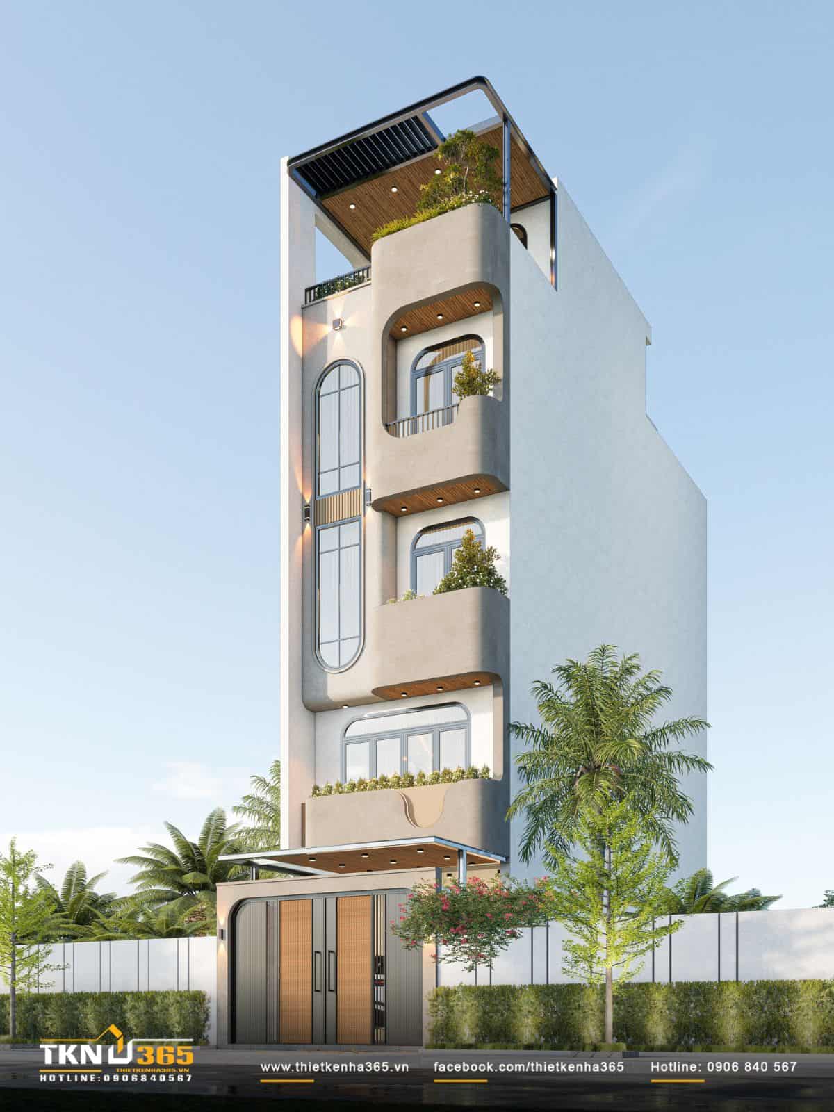 Hệ ban công lệch tầng kết hợp cây xanh giúp nhà phố 5 tầng tăng độ mở và cải thiện vi khí hậu