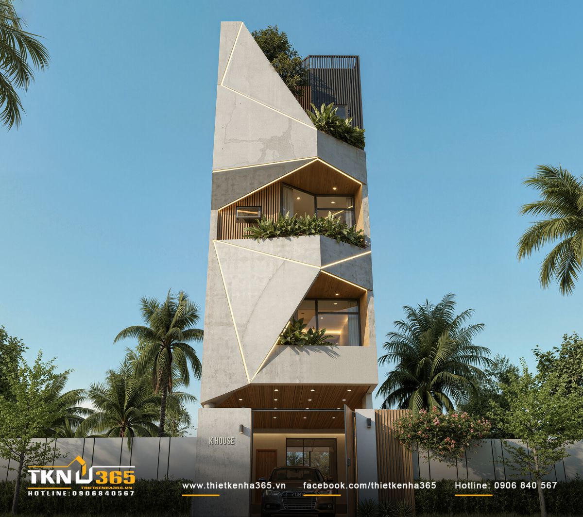 Các đường cắt ánh sáng kết hợp vật liệu bê tông và gỗ tạo nên nhịp chuyển thị giác đặc trưng cho nhà phố 5 tầng K’S House