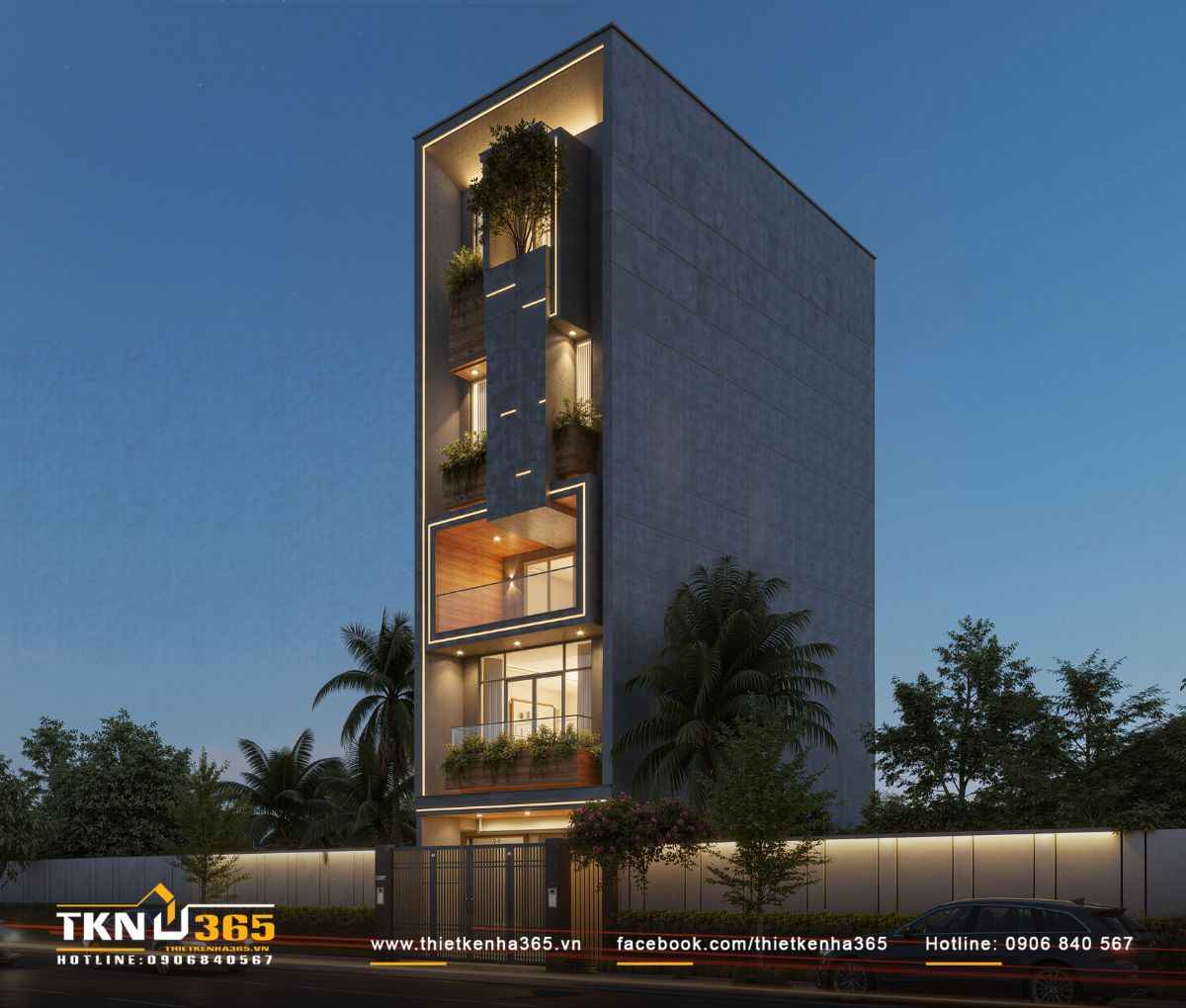 Khi đêm xuống, nhà phố 5 tầng trở nên nổi bật với hệ đèn nhấn tinh tế, làm rõ từng đường nét và cấu trúc khối