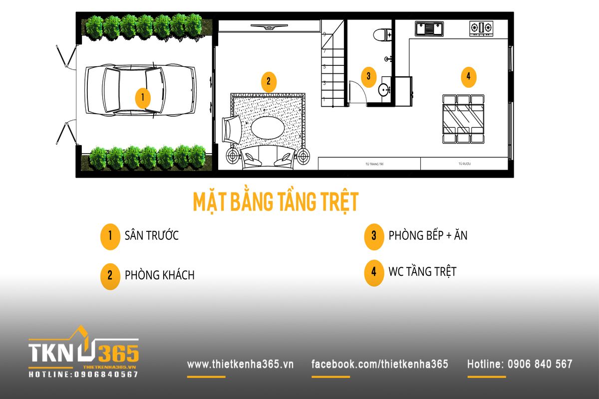 Mặt bằng tầng trệt nhà phố 5 tầng 5x18m bố trí mạch lạc với sân trước, phòng khách và bếp - ăn liên thông