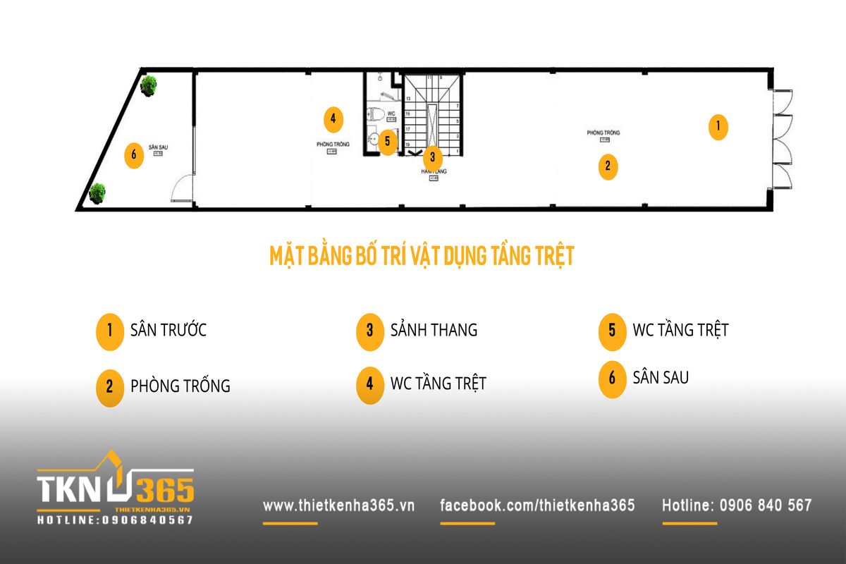 Mặt bằng tầng trệt nhà phố 5 tầng tổ chức với sân trước - lõi thang - sân sau, tạo dòng lưu thông rõ ràng và đảm bảo thông thoáng tự nhiên
