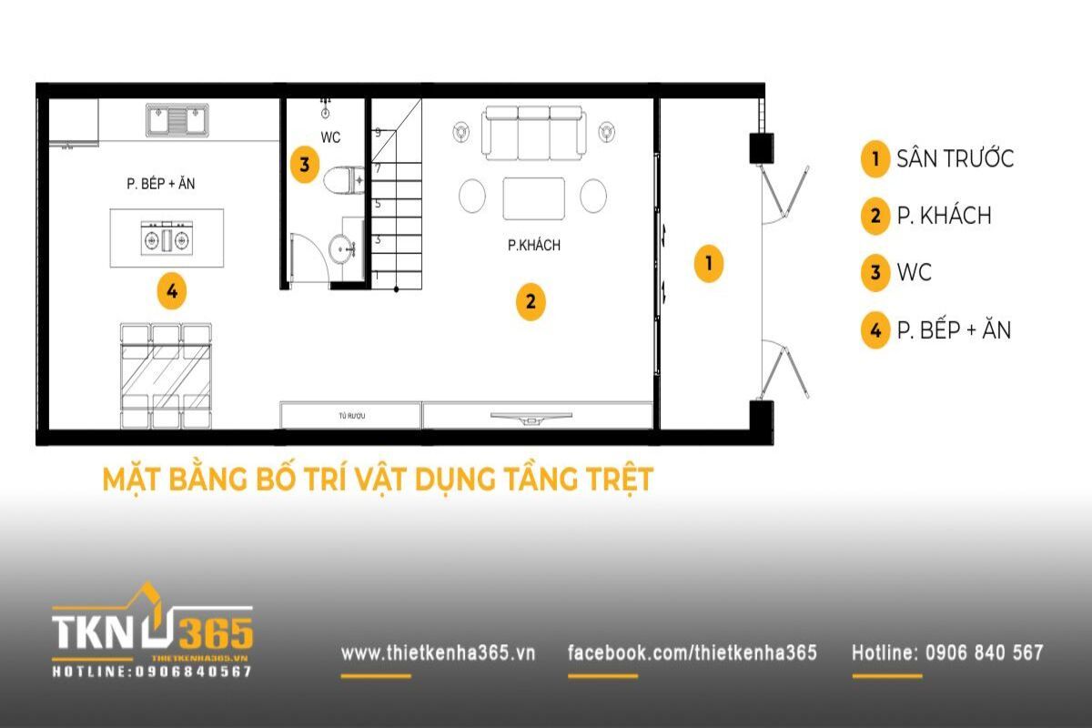 Mặt bằng tầng trệt nhà phố 5 tầng được tổ chức liền mạch từ sân trước đến phòng khách và bếp, đảm bảo dòng chảy sinh hoạt tự nhiên