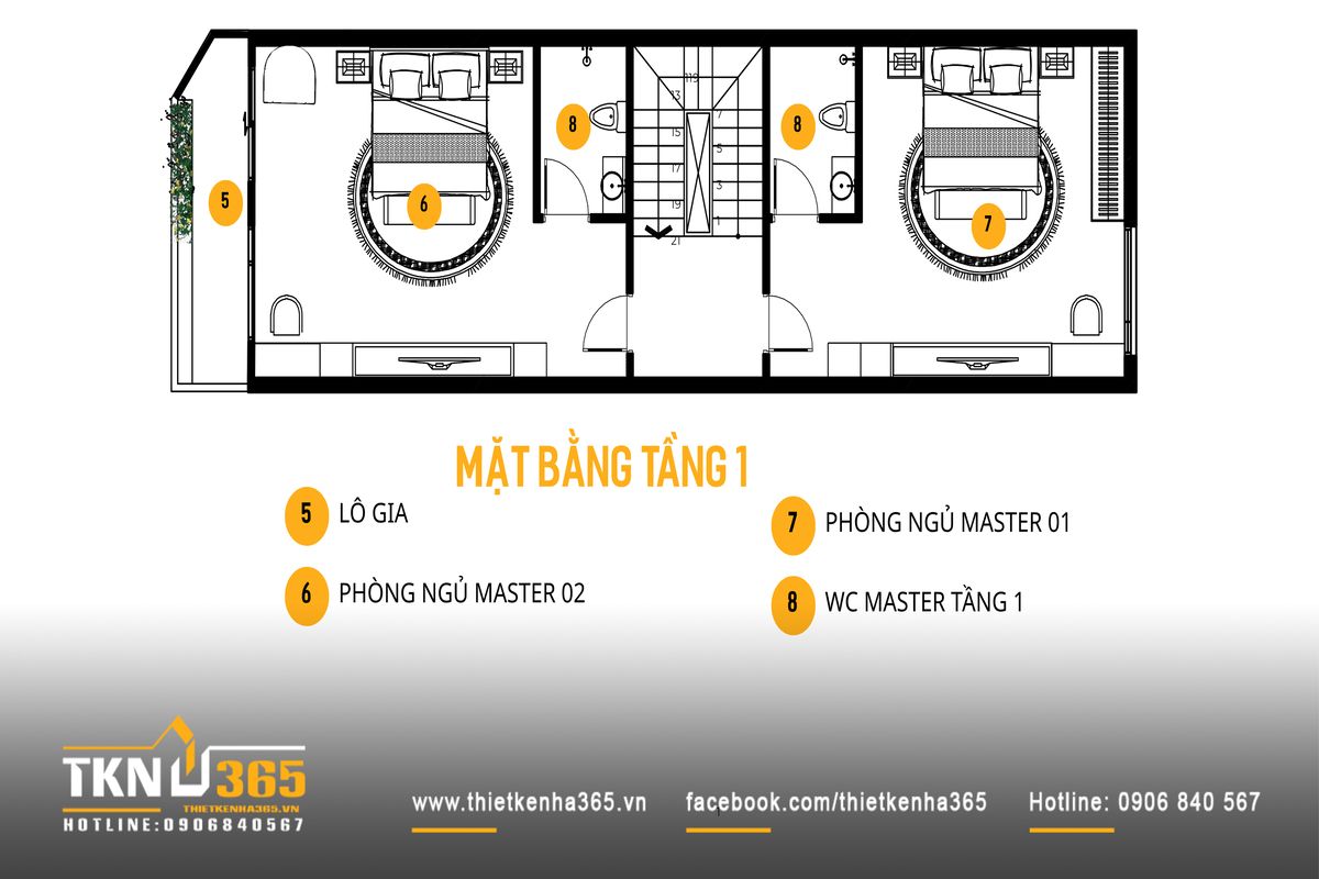 Mặt bằng tầng 1 nhà phố 5 tầng tổ chức phòng ngủ đối xứng qua lõi giao thông trung tâm, đảm bảo sự tiện nghi và riêng tư