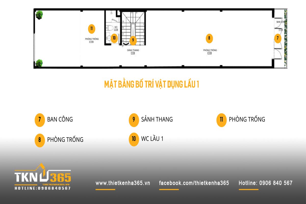 Lầu 1 nhà phố 5 tầng cho thấy cách phân chia không gian linh hoạt, kết hợp ban công phía trước để tăng khả năng lấy sáng và thông gió