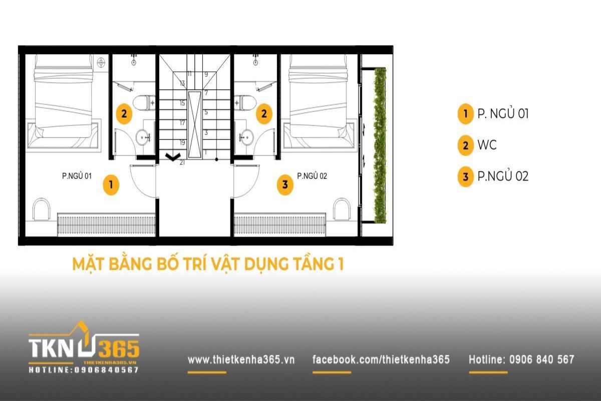 Mặt bằng tầng 1 nhà phố 5 tầng bố trí hai phòng ngủ đối xứng qua trục thang, tạo sự riêng tư nhưng vẫn kết nối thuận tiện