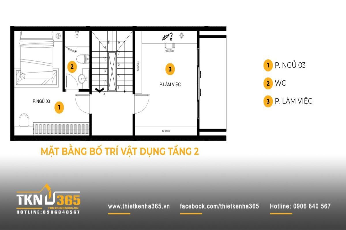 Mặt bằng tầng 2 nhà phố 5 tầng kết hợp phòng ngủ và không gian làm việc, phản ánh nhu cầu sinh hoạt linh hoạt của gia chủ