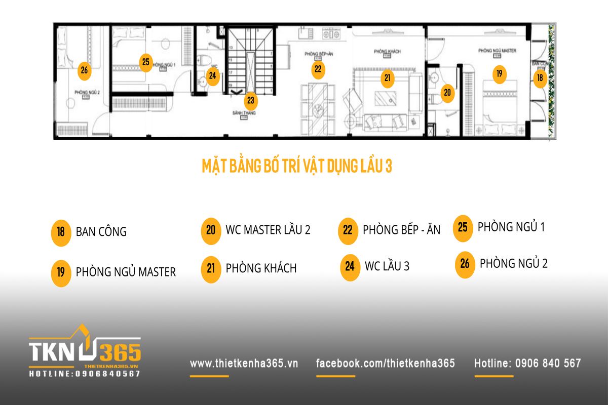 Tầng 3 nhà phố 5 tầng được dành cho không gian sinh hoạt chung với phòng khách và bếp - ăn đặt trên cao để hạn chế ảnh hưởng từ mặt đường