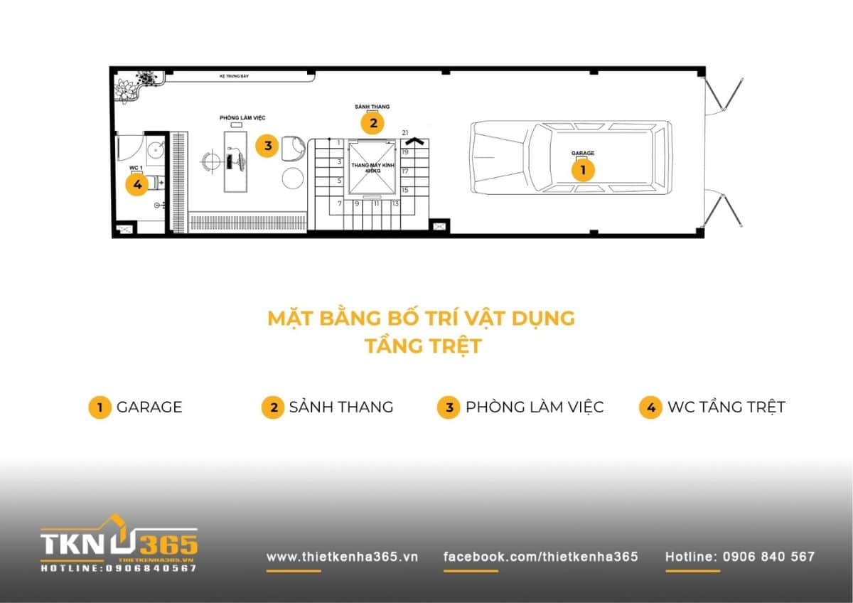 Mặt bằng tầng trệt nhà phố 5 tầng bố trí gara phía trước, kết hợp phòng làm việc phía sau
