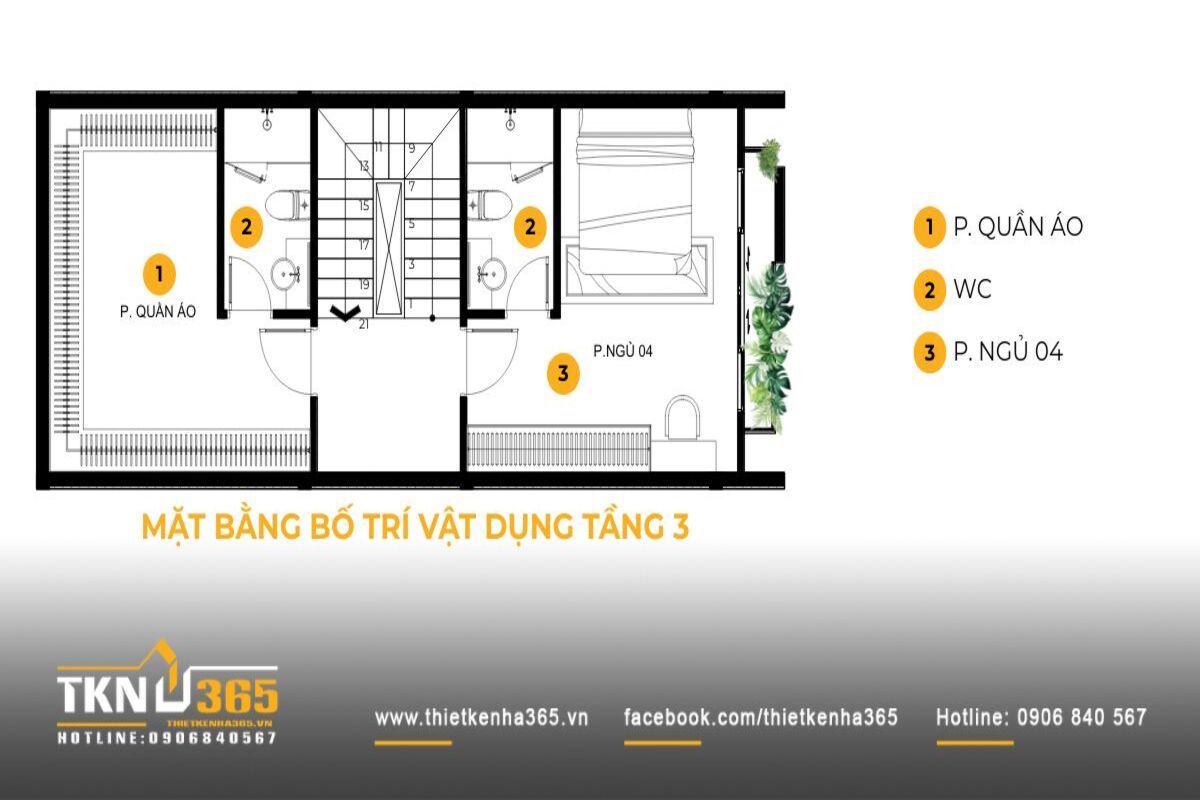 Mặt bằng tầng 3 của nhà phố 5 tầng được tổ chức với phòng ngủ và phòng thay đồ riêng biệt, giúp gia chủ có không gian sử dụng thoải mái và riêng tư hơn