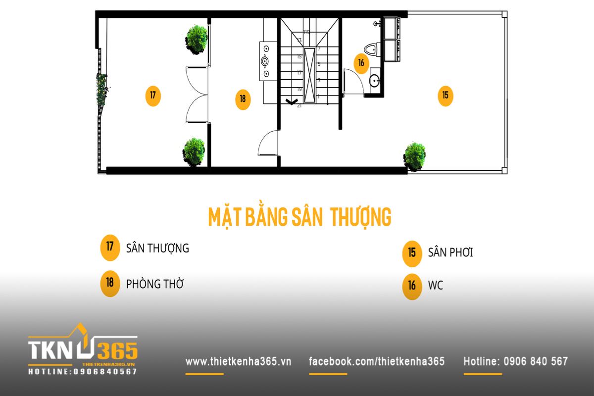 Mặt bằng sân thượng nhà phố 5 tầng bố trí phòng thờ, sân phơi và khoảng mở, hoàn thiện chuỗi không gian theo chiều đứng
