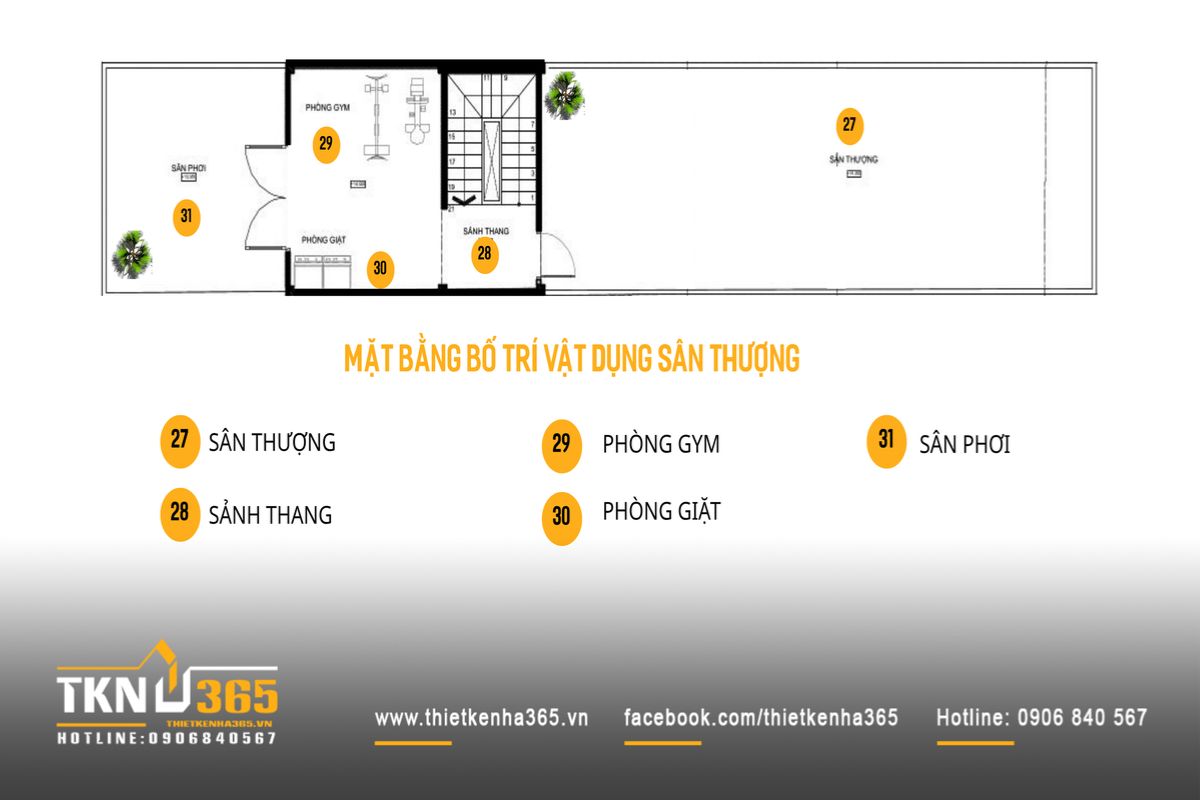 Mặt bằng tầng thượng nhà phố 5 tầng tích hợp phòng gym, khu giặt và sân phơi, hoàn thiện hệ công năng theo hướng đa chức năng