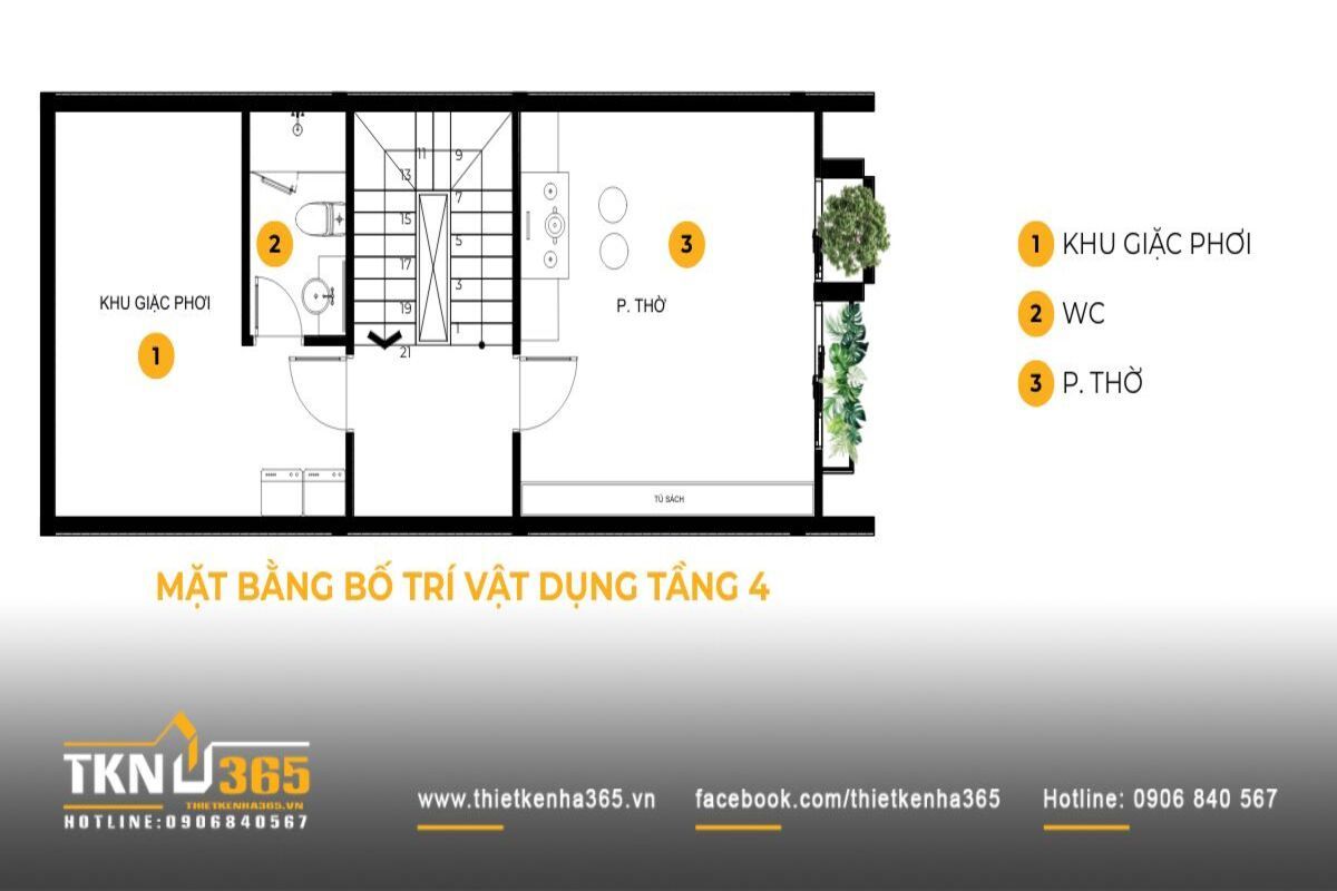 Tầng cao nhất của nhà phố 5 tầng dành cho khu giặt phơi và phòng thờ, tạo một khoảng lặng tách biệt khỏi nhịp sống bên dưới