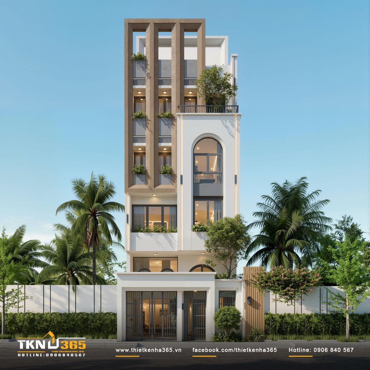 Mặt tiền nhà phố 6 tầng 6x18m nổi bật với hệ khung đứng tạo nhịp điệu và chiều sâu kiến trúc