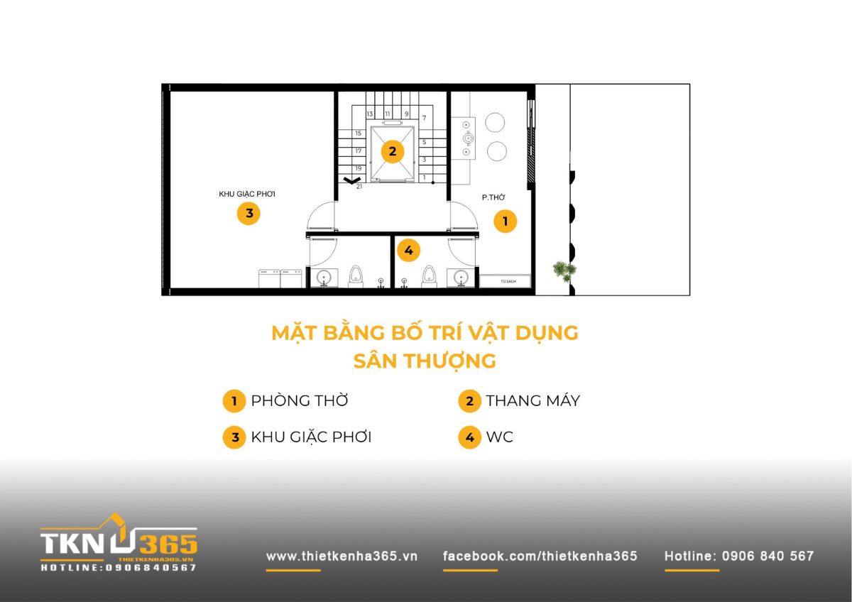 Mặt bằng sân thượng với phòng thờ và khu giặt phơi, tạo khoảng thoáng cho toàn bộ công trình nhà phố 6 tầng