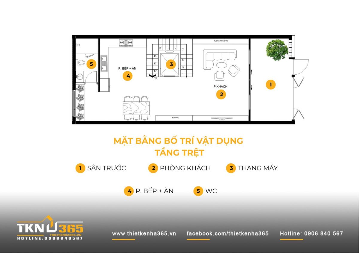 Mặt bằng tầng trệt nhà phố 6 tầng 6x18m với bố trí phòng khách, bếp ăn và sân trước liên thông