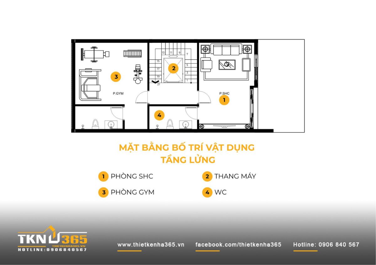 Mặt bằng tầng lửng tổ chức không gian sinh hoạt chung và phòng gym tách biệt nhưng vẫn kết nối