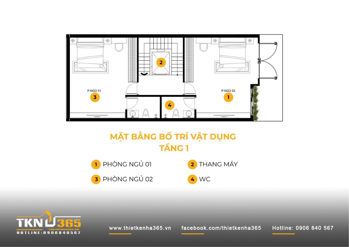 Mặt bằng tầng 1 với hai phòng ngủ bố trí đối xứng qua lõi thang trung tâm