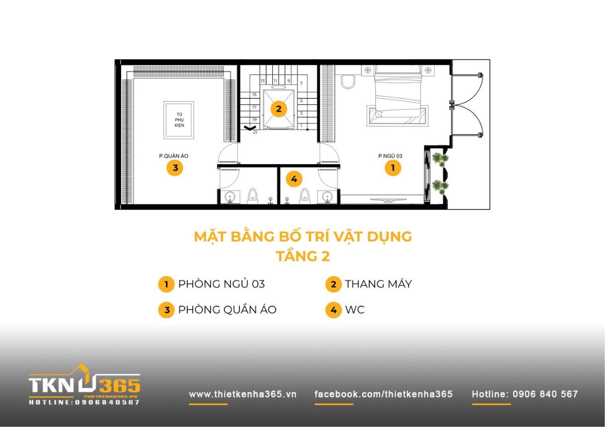 Mặt bằng tầng 2 tích hợp phòng ngủ và phòng quần áo, tối ưu công năng sử dụng