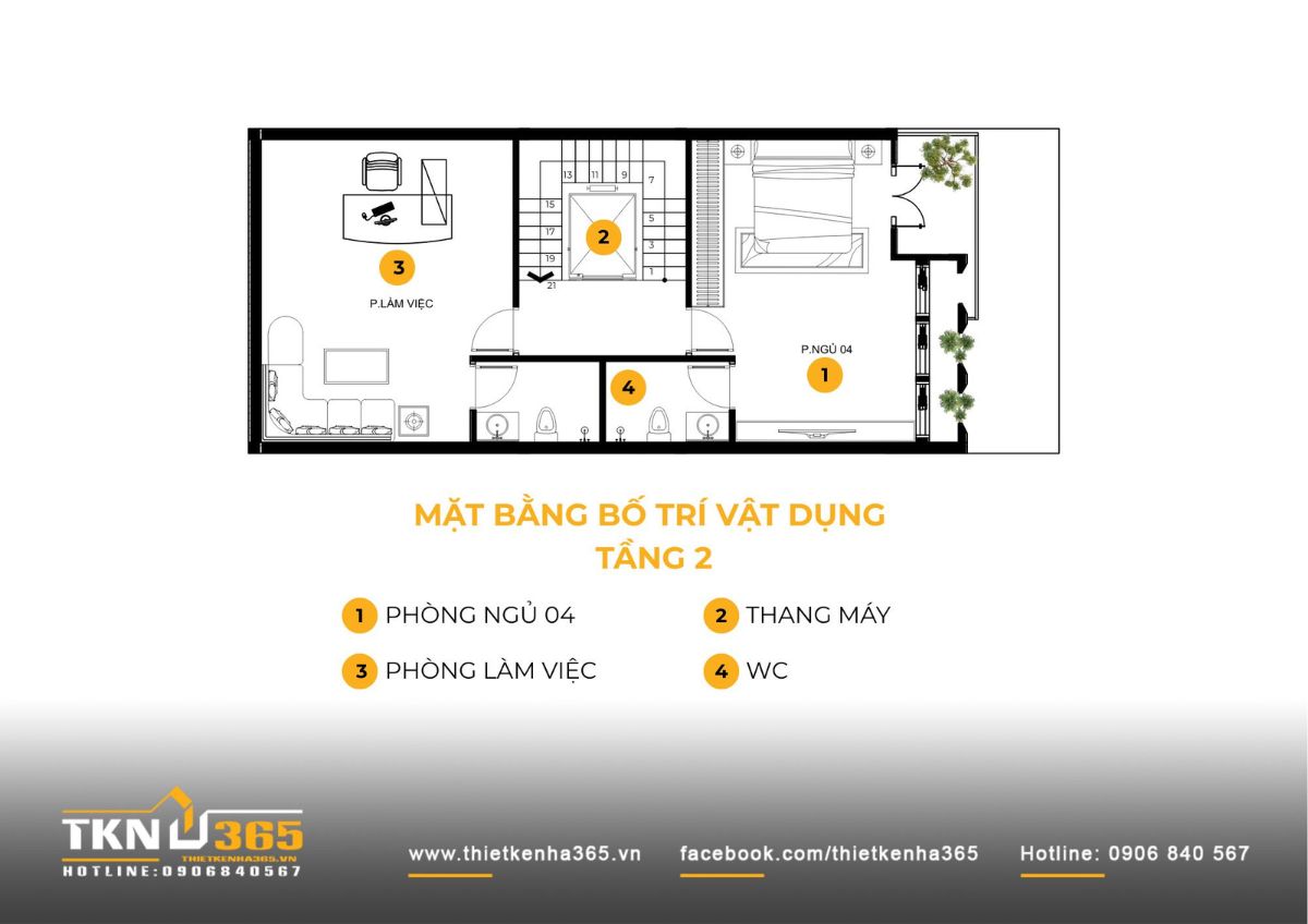 Mặt bằng tầng 3 bố trí phòng ngủ và phòng làm việc, tăng tính riêng tư theo chiều cao cho nhà phố 6 tầng
