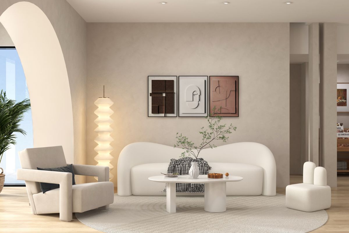 Thiết kế phòng khách wabi sabi sử dụng sofa thấp, bàn trà nhỏ để tạo cảm giác thư giãn, thông thoáng (Ảnh: Sưu tầm)