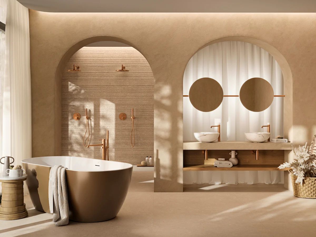 Nhà tắm phong cách wabi sabi thiết kế tối giản, ưu tiên sự kết nối gần gũi với thiên nhiên (Ảnh: Sưu tầm)