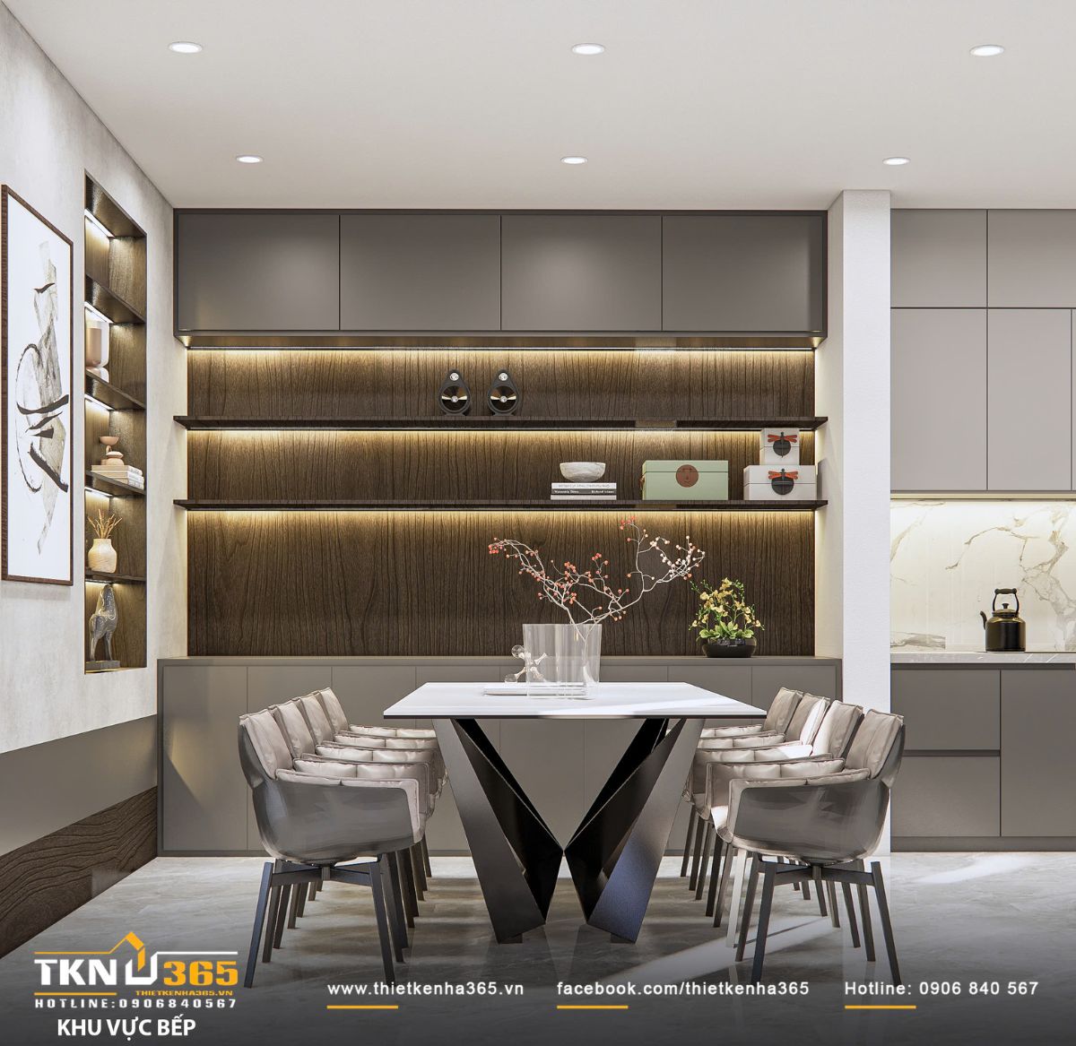 Hệ kệ trang trí và tủ âm tường tích hợp ánh sáng giúp tăng không gian lưu trữ và hoàn thiện tổng thể thẩm mỹ