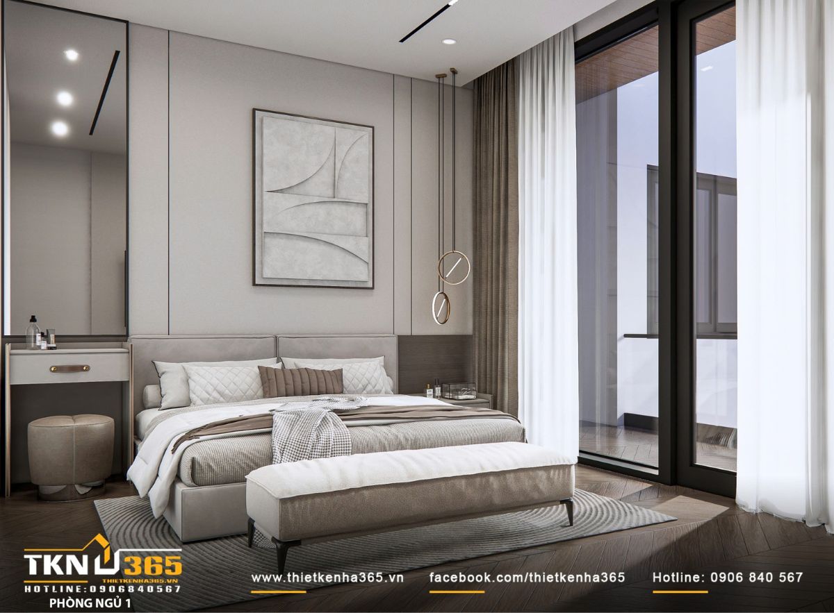 Không gian tận dụng cửa kính lớn để đón sáng tự nhiên, giúp phòng luôn thoáng và rộng hơn